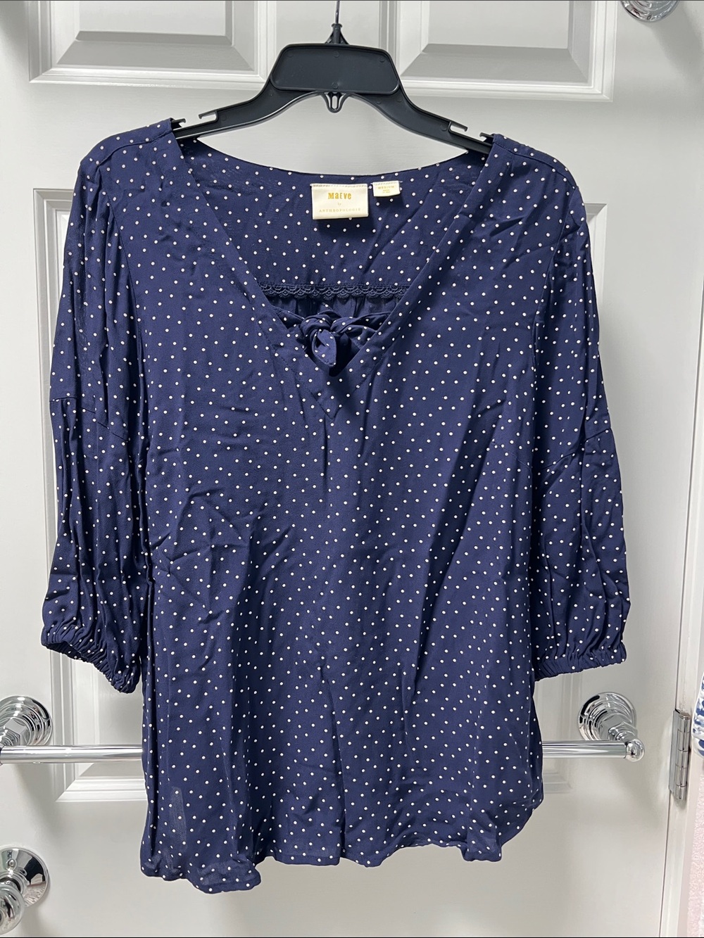 Maeve Navy Polka Dot Lace-Up V-Neck Blouse